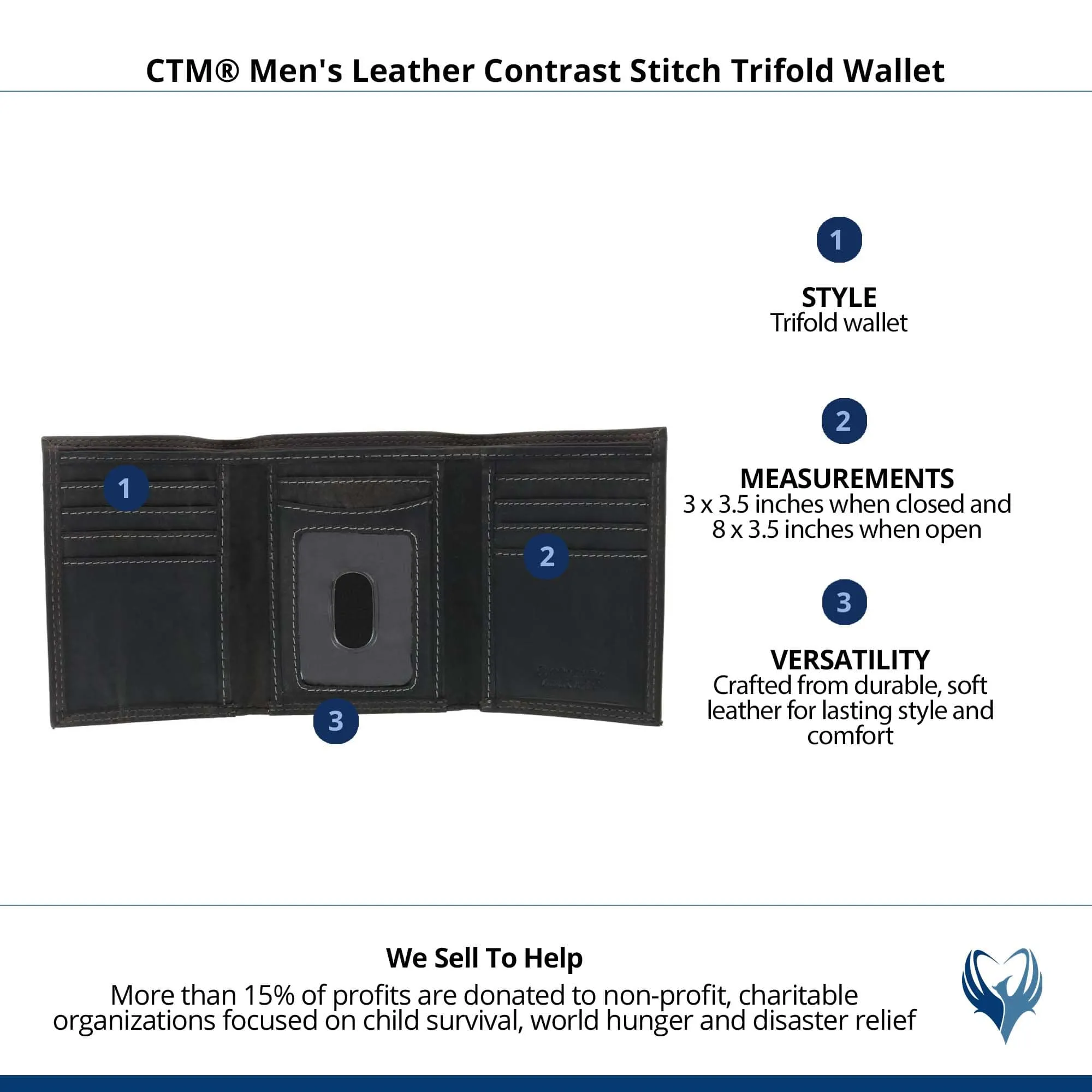 CTM® Men's Leather Contrast Stitch Trifold Wallet