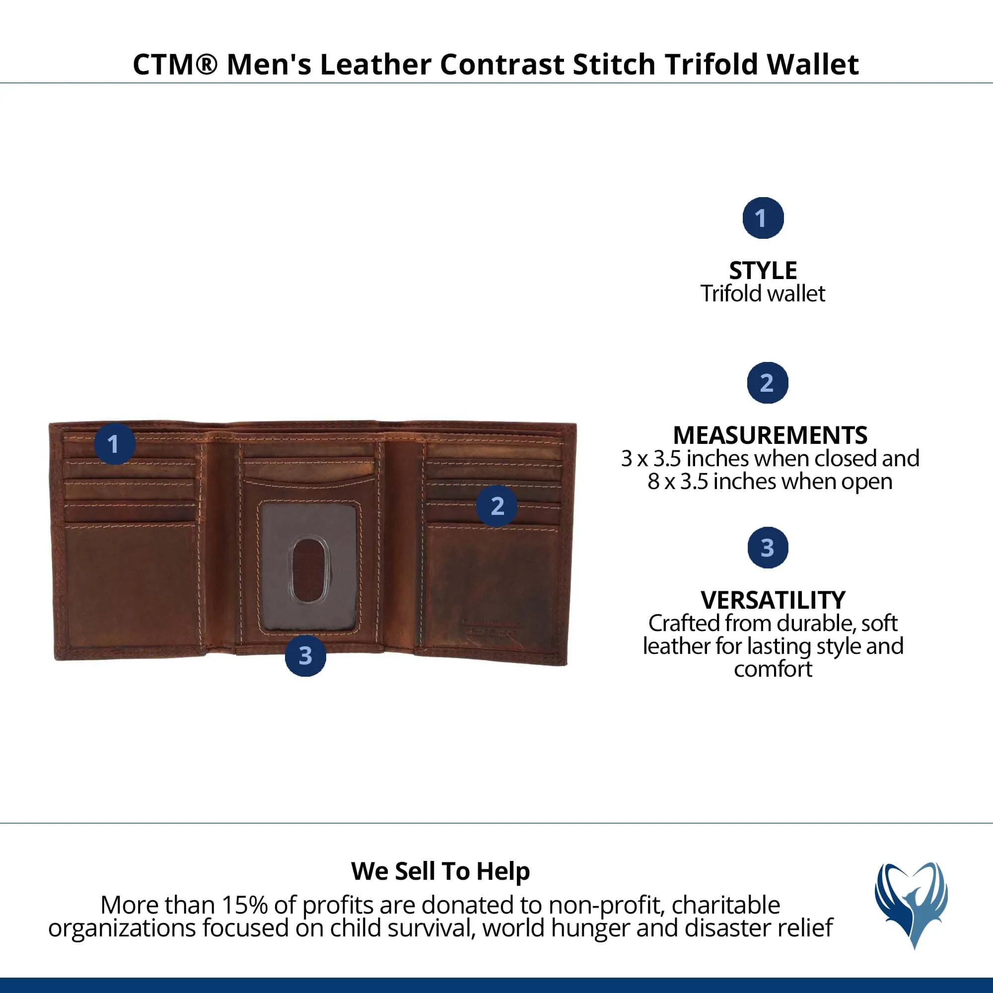 CTM® Men's Leather Contrast Stitch Trifold Wallet