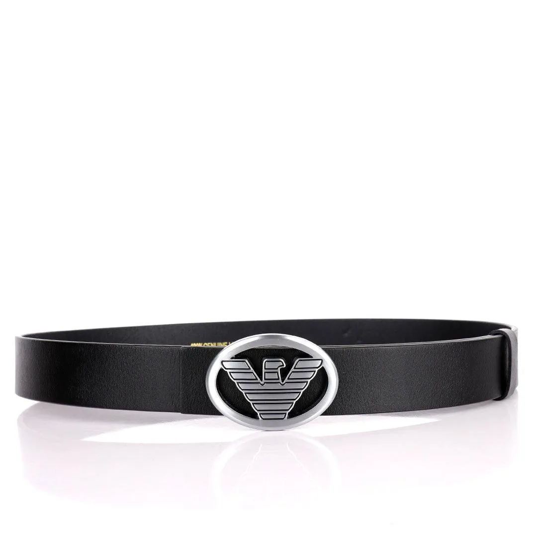 Giorgio Armani Silver Eagle In Oval Logo Genuine  Leather Black Belt