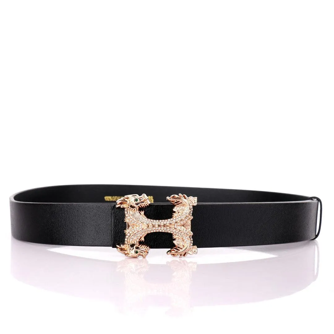 Hermes Paris Classic Leather Double Dragons Head Buckle Belt-Black