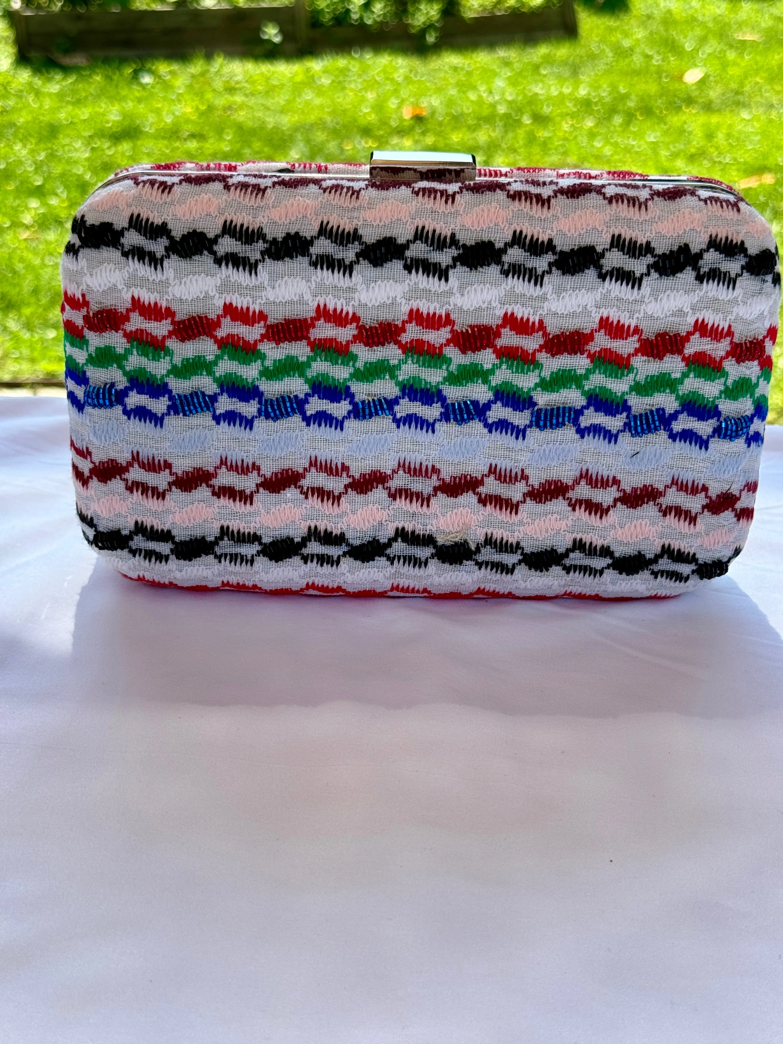 Multi color beaded keffiyeh hard case rectangle clutch, handbag