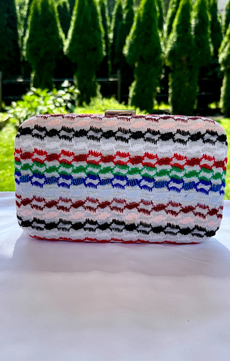 Multi color beaded keffiyeh hard case rectangle clutch, handbag