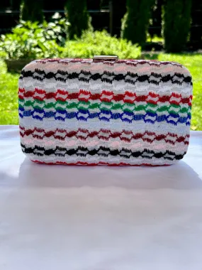 Multi color beaded keffiyeh hard case rectangle clutch, handbag