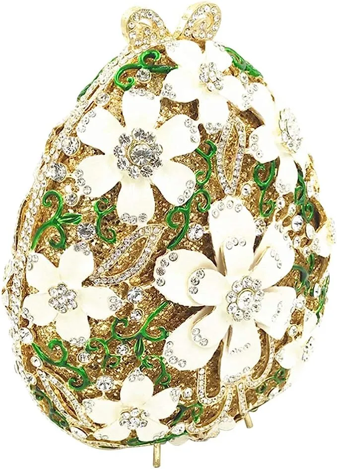 Oval White Floral Rhinestone Evening Bag