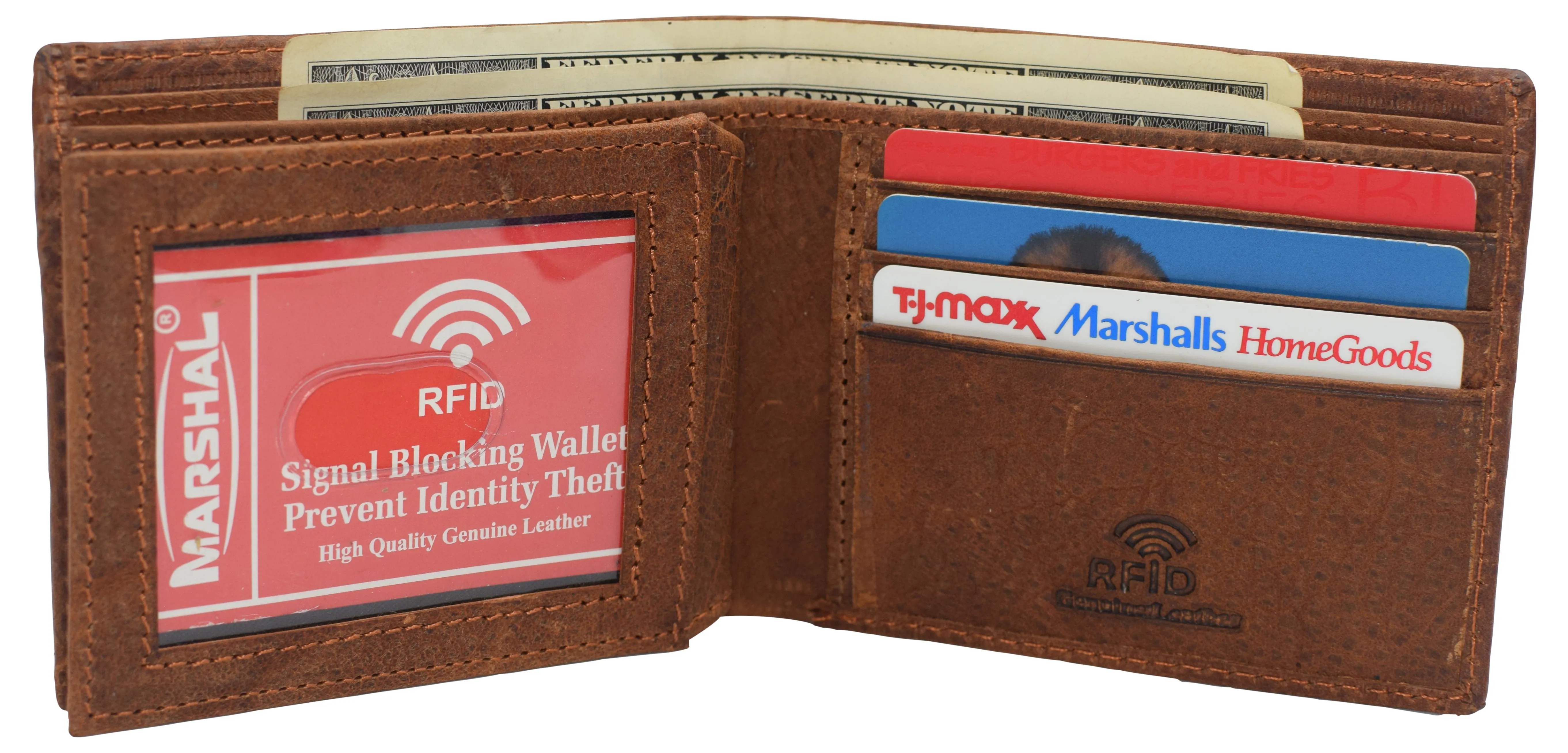 Rfid blocking real leather slim bifold wallet center id flap window engraved logos front pocket wallet for men