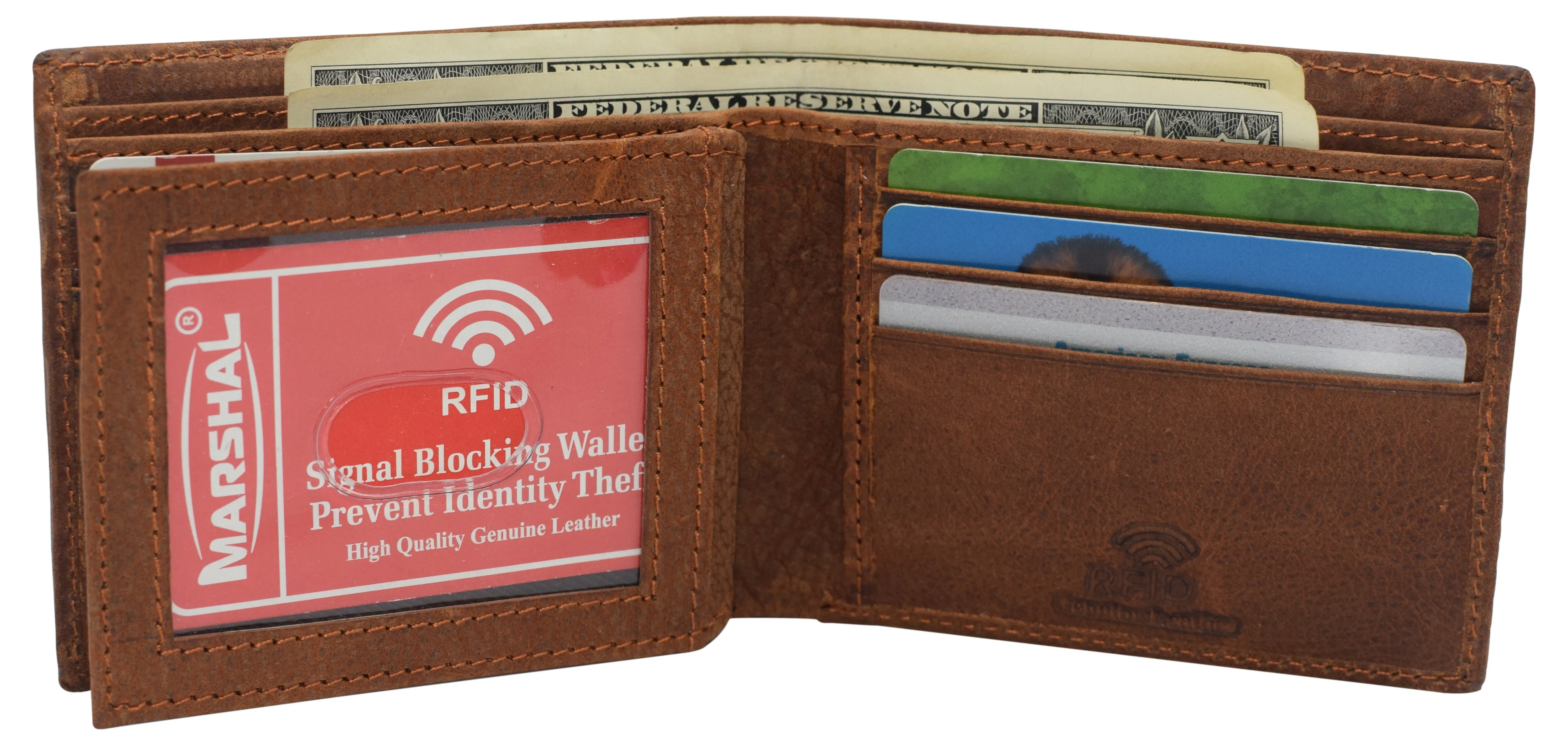 Rfid blocking real leather slim bifold wallet center id flap window engraved logos front pocket wallet for men