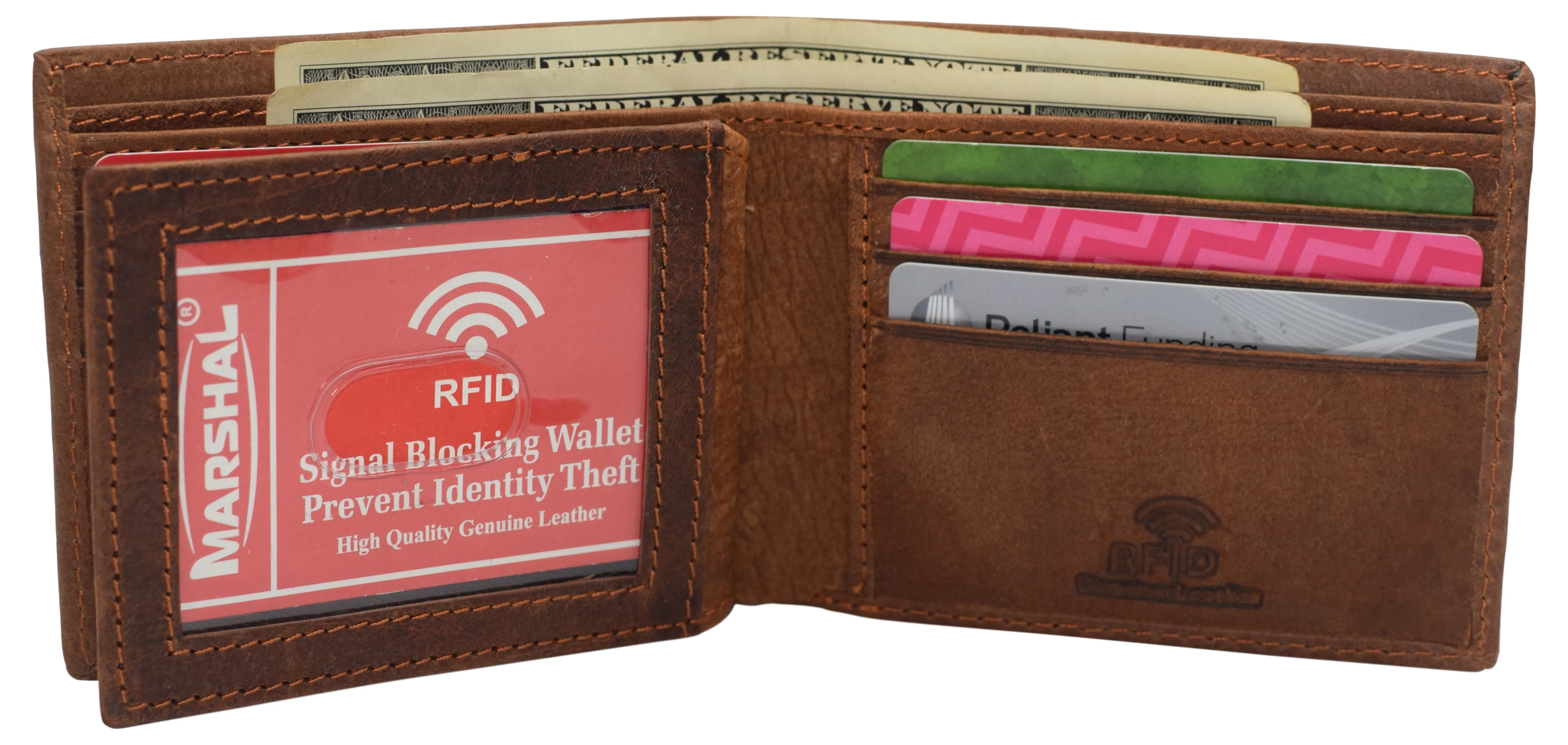 Rfid blocking real leather slim bifold wallet center id flap window engraved logos front pocket wallet for men