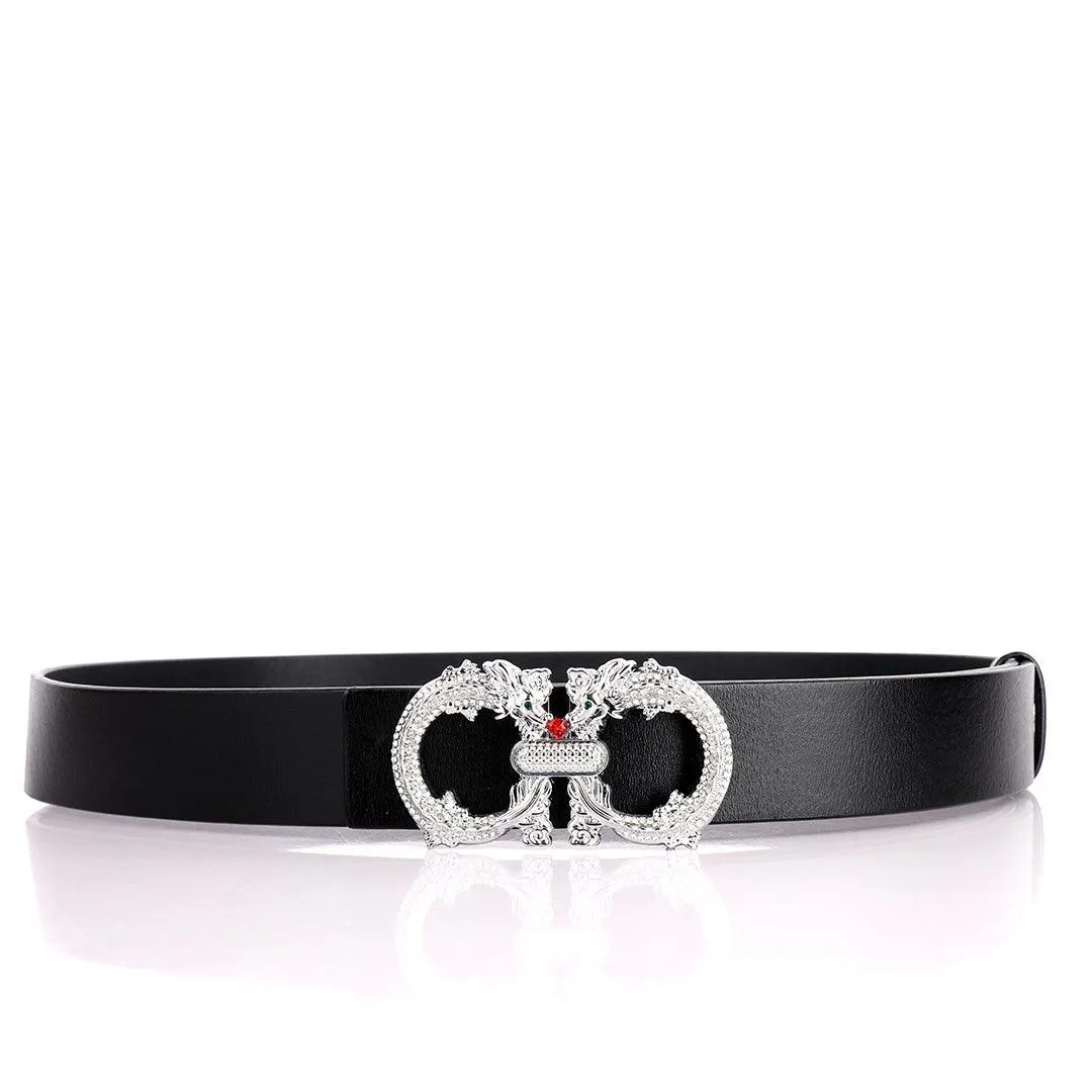 Salvatore Ferragamo Exquisite Silver Dragon Designed Men's Leather Black Belt