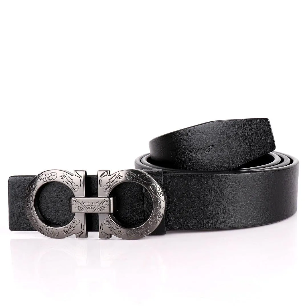 Salvatore Ferragamo Silver Scripted Logo Designed Men's Leather Black Belt