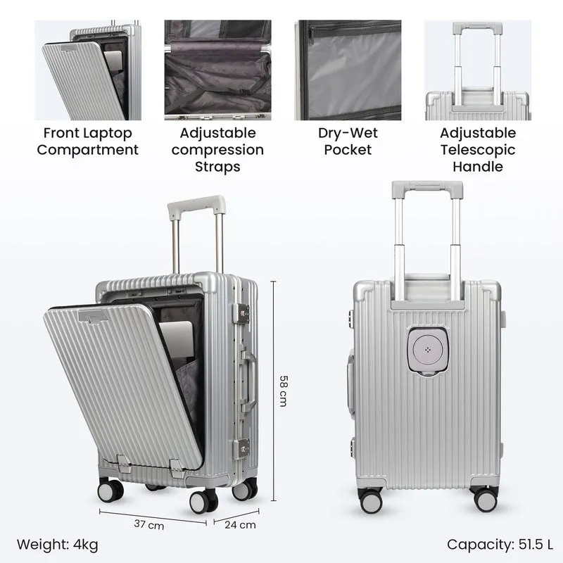 THE CLOWNFISH Ambassador Series Carry-On Luggage Polycarbonate Hard Case Suitcase Eight Spinner Wheel Trolley Bag with TSA Lock, USB, Mobile Holder, Cup Holder- Aluminium Silver (56 cm-22 inch)