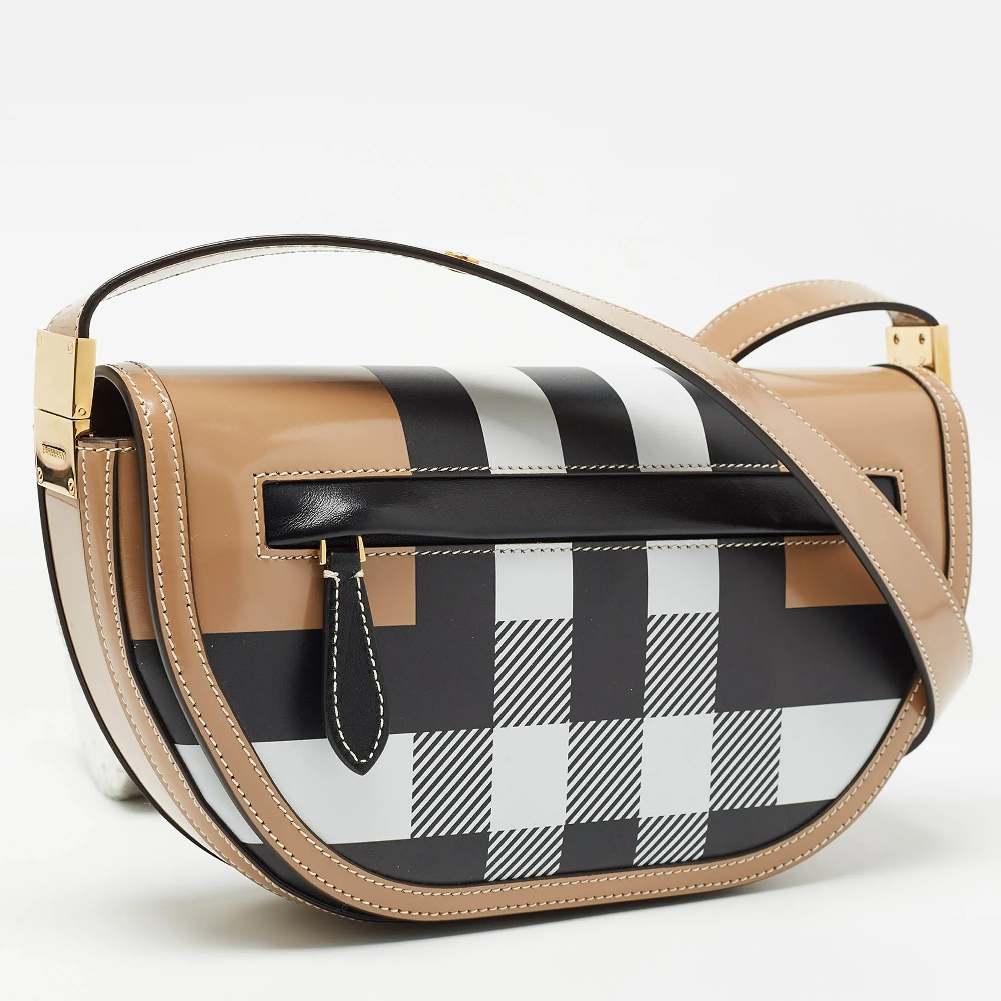 Trendy Inspired Burberry Beige Check Patent And Leather Small Olympia Shoulder Bag