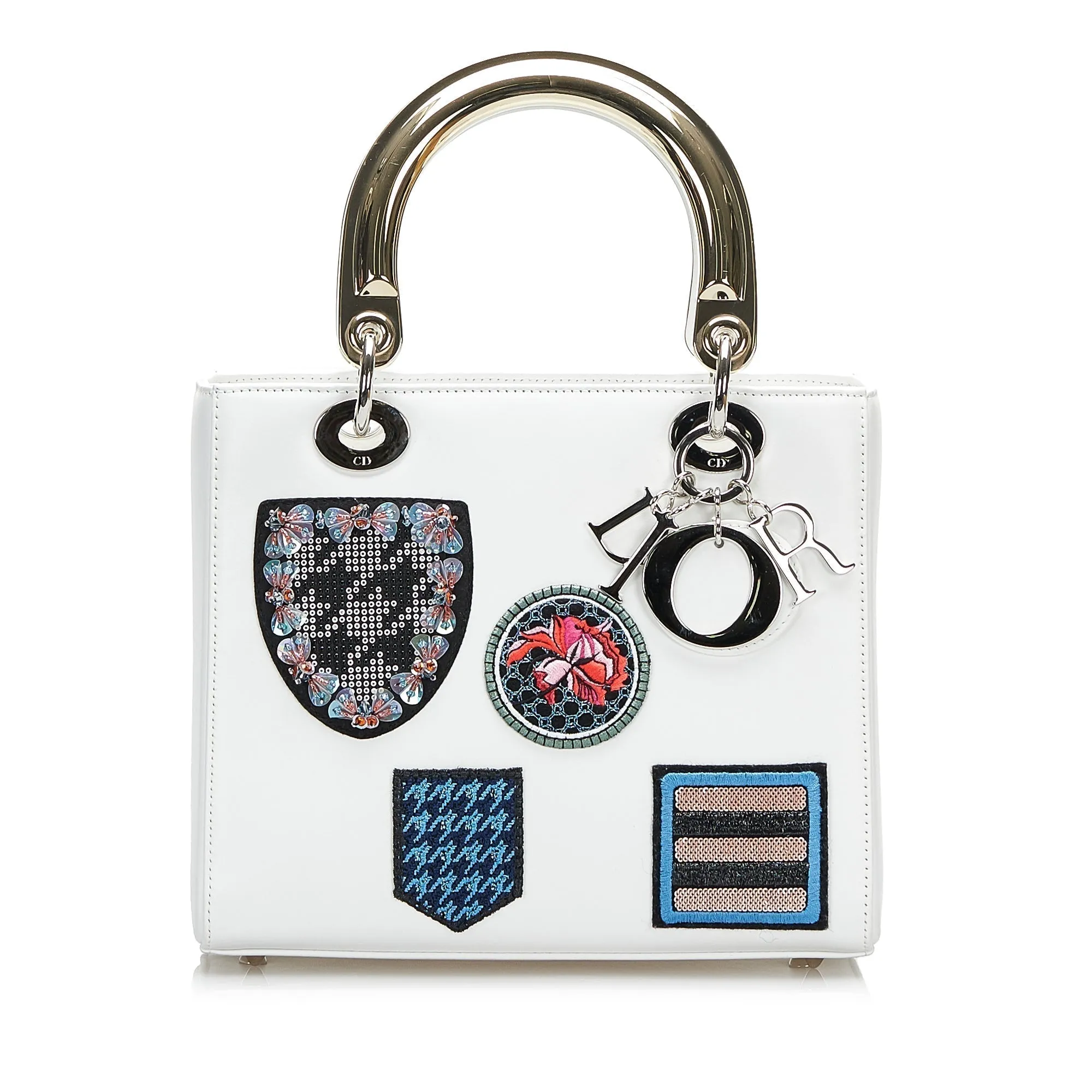 Trendy Inspired Dior Lady Dior Medium White Patch Embellished Leather Silver