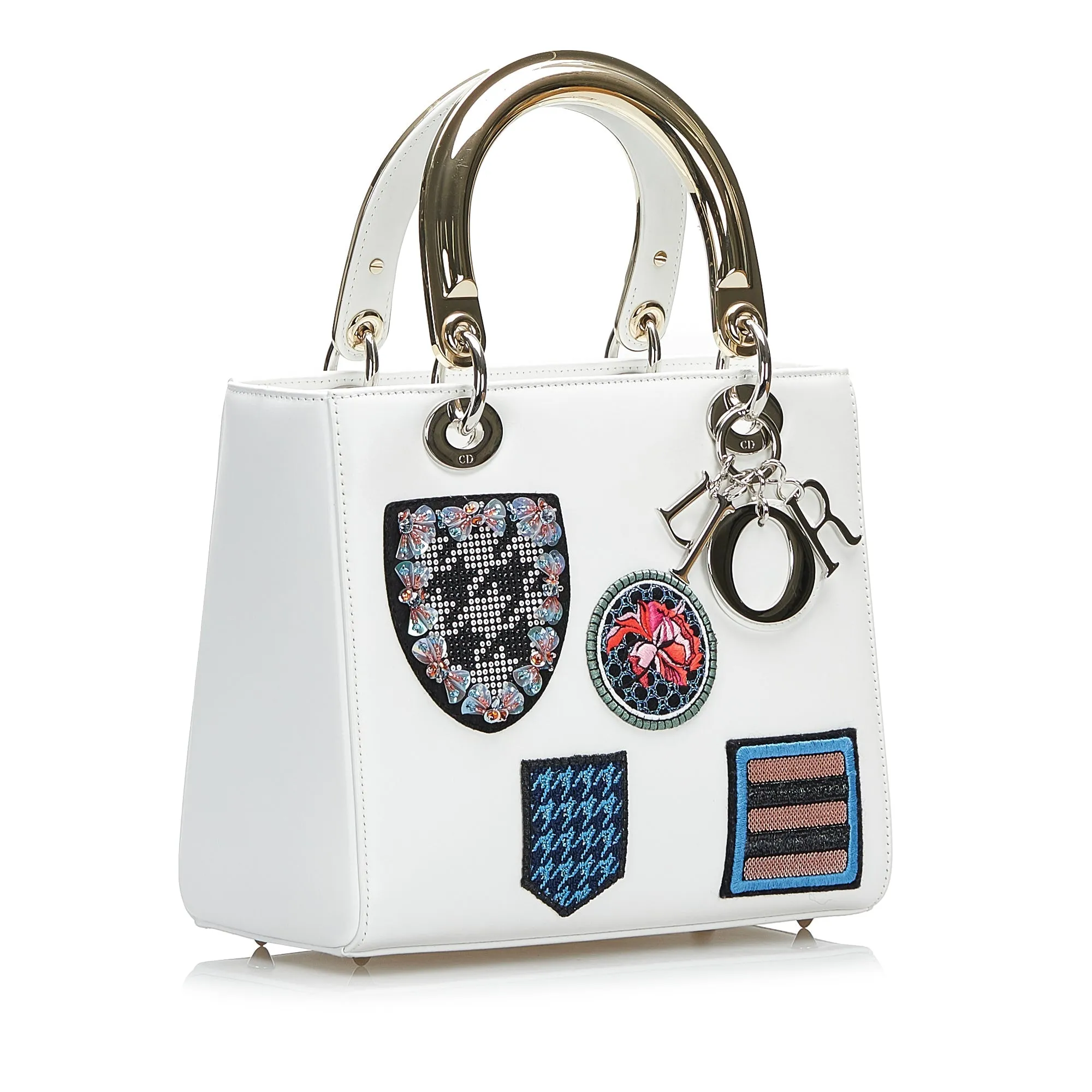 Trendy Inspired Dior Lady Dior Medium White Patch Embellished Leather Silver