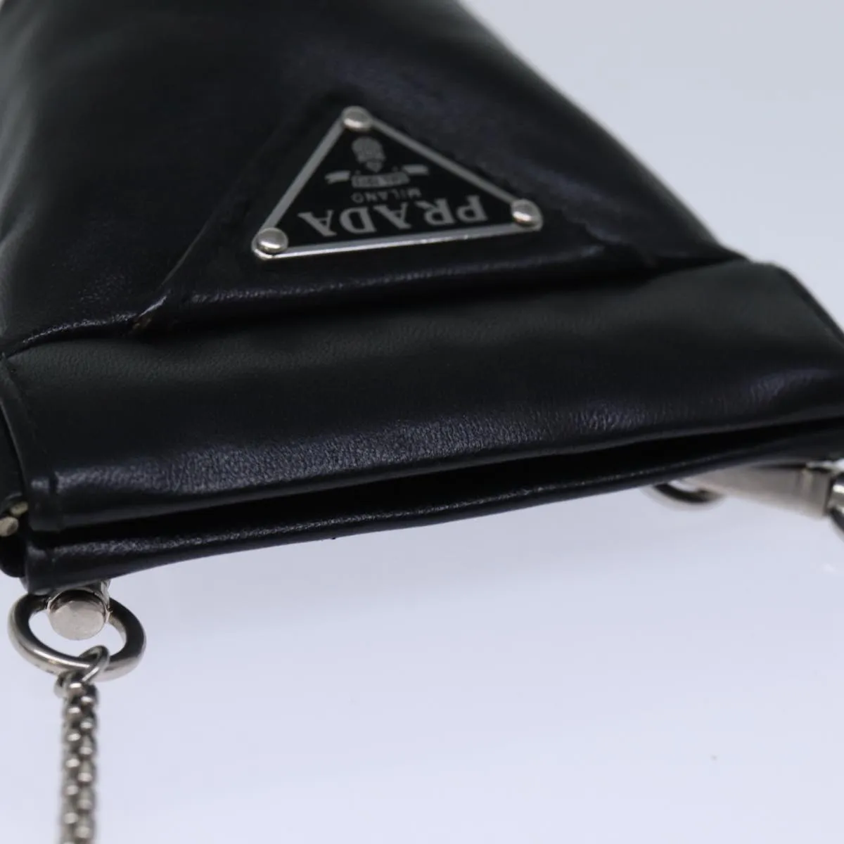 Trendy Inspired Prada Chain Shoulder Pouch Leather Black Auth 72105