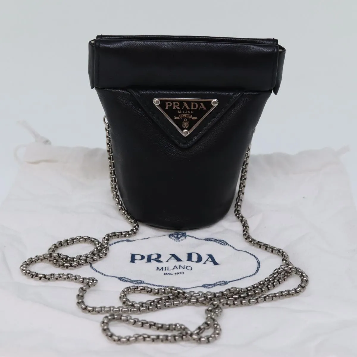 Trendy Inspired Prada Chain Shoulder Pouch Leather Black Auth 72105